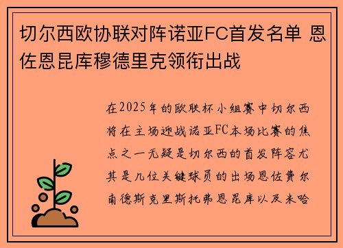 切尔西欧协联对阵诺亚FC首发名单 恩佐恩昆库穆德里克领衔出战
