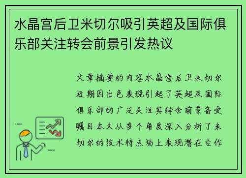 水晶宫后卫米切尔吸引英超及国际俱乐部关注转会前景引发热议