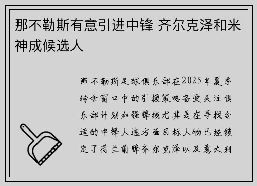 那不勒斯有意引进中锋 齐尔克泽和米神成候选人
