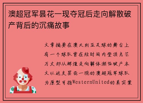 澳超冠军昙花一现夺冠后走向解散破产背后的沉痛故事